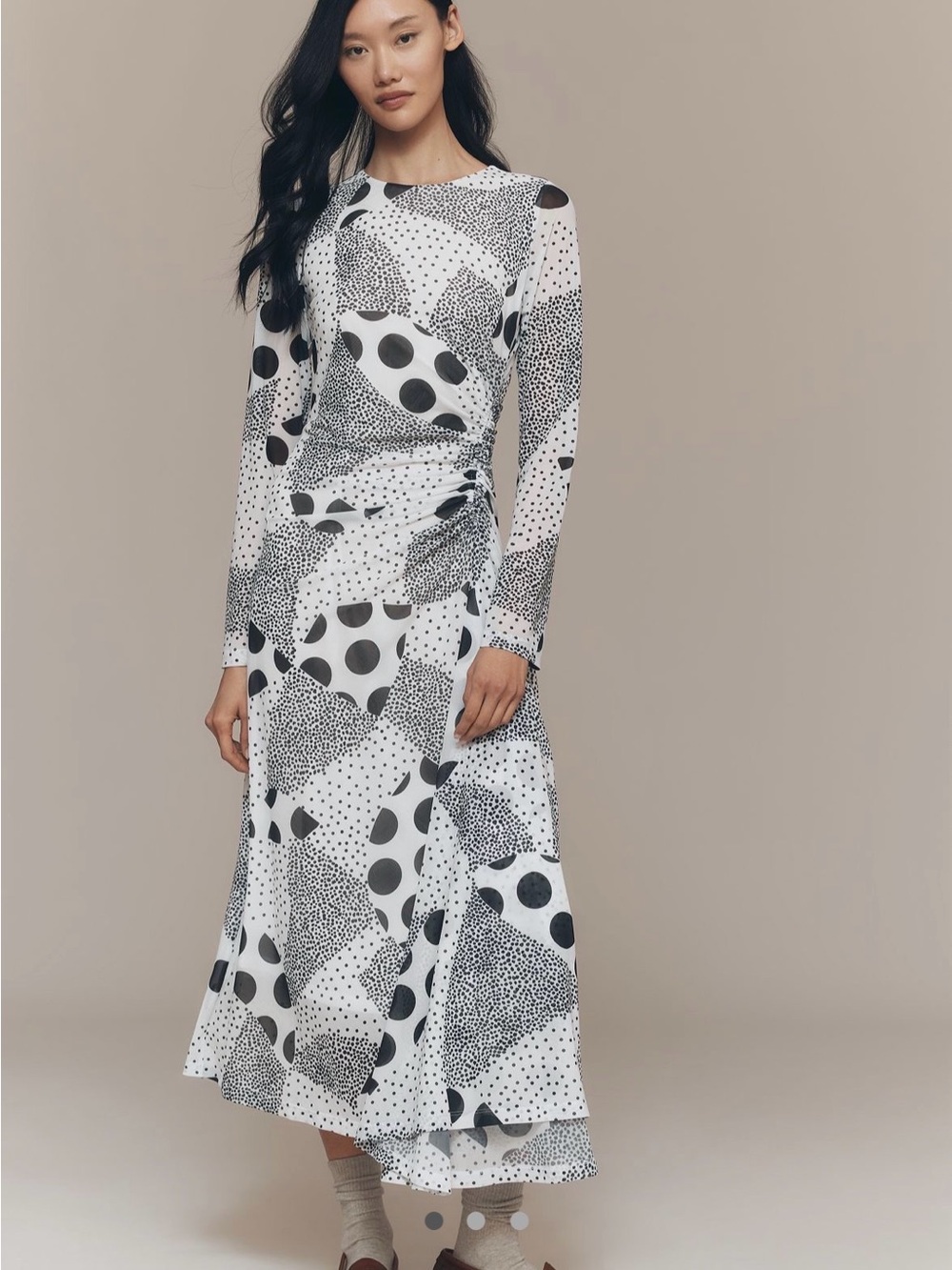 Black & White Long Sleeve Polka Dot Midi Dress